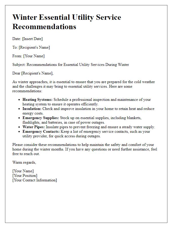 Letter template of essential utility service recommendations for winter