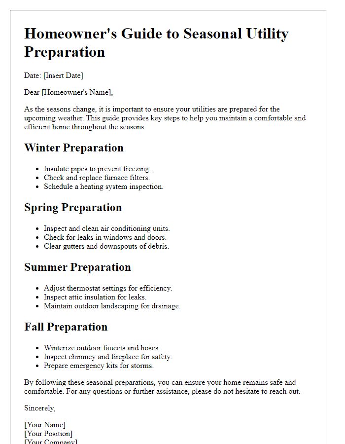 Letter template of homeowner's guide to seasonal utility preparation