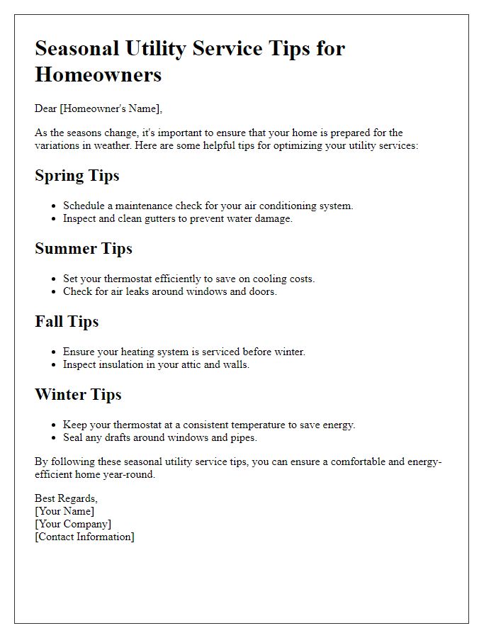 Letter template of seasonal utility service tips for homeowners