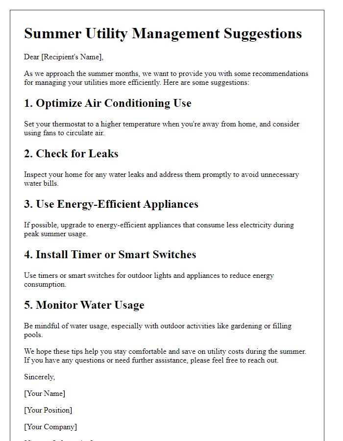 Letter template of summer utility management suggestions