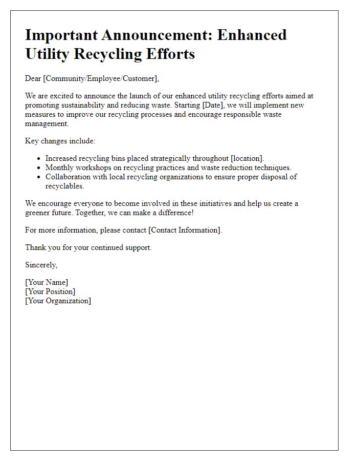 Letter template of announcement for enhanced utility recycling efforts