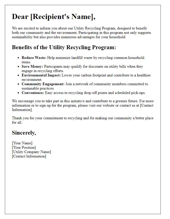 Letter template of information on utility recycling program benefits