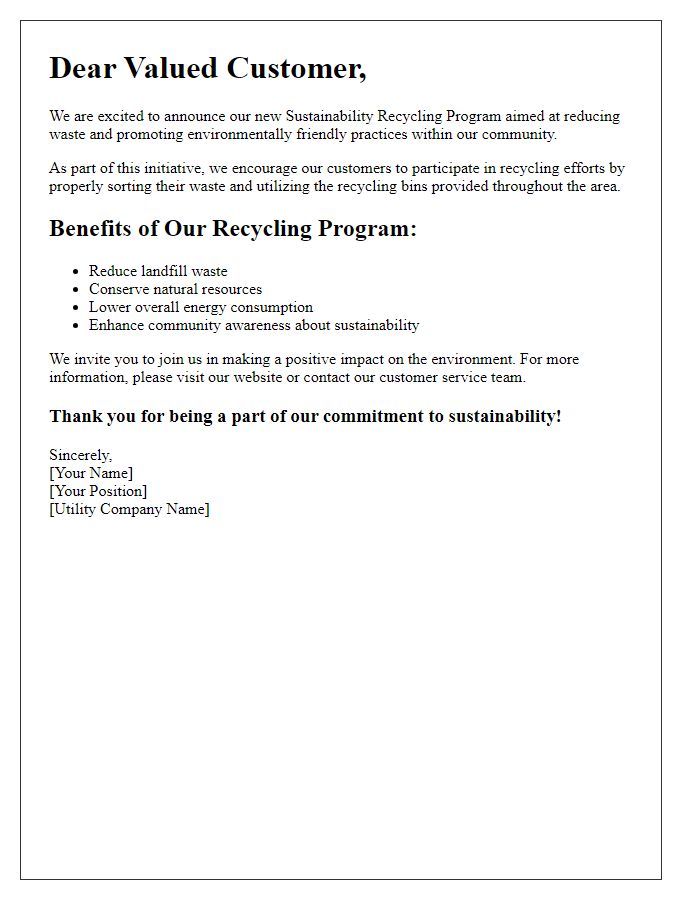 Letter template of utility company sustainability recycling program