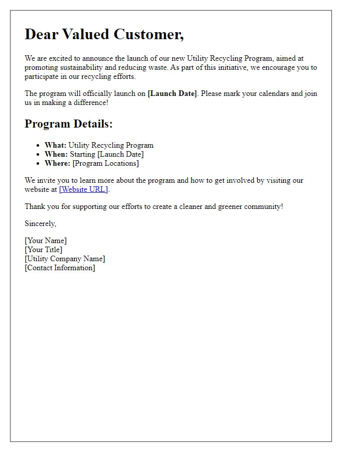 Letter template of a utility recycling program launch notification