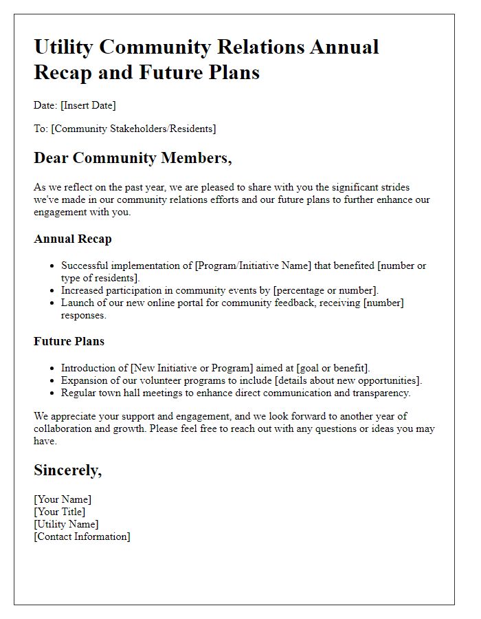 Letter template of utility community relations annual recap and future plans