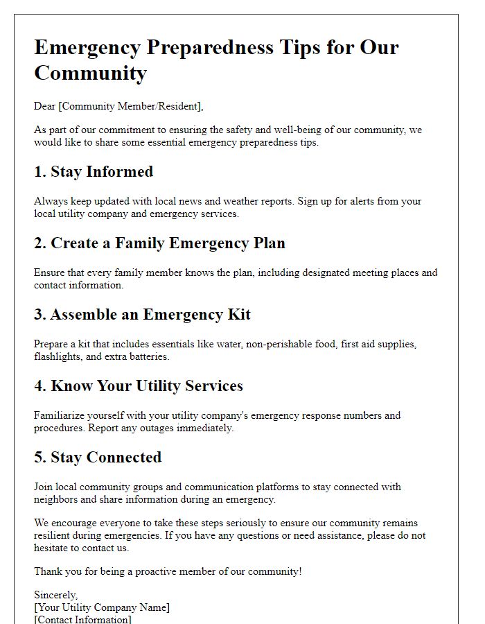 Letter template of utility community relations emergency preparedness tips