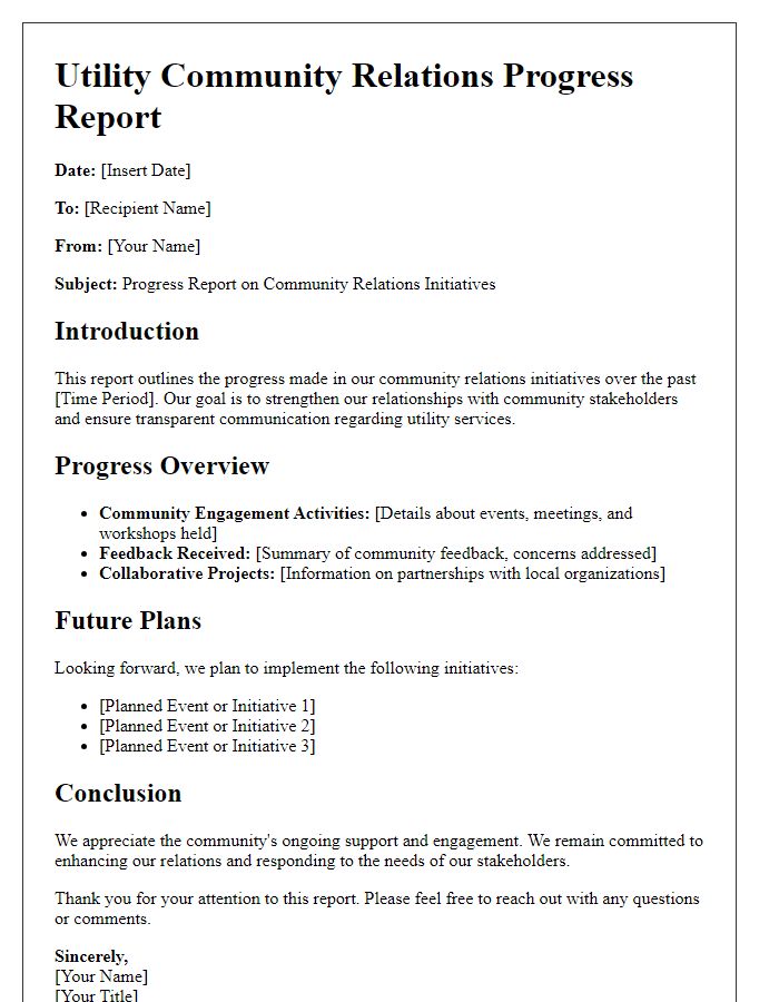 Letter template of utility community relations progress report