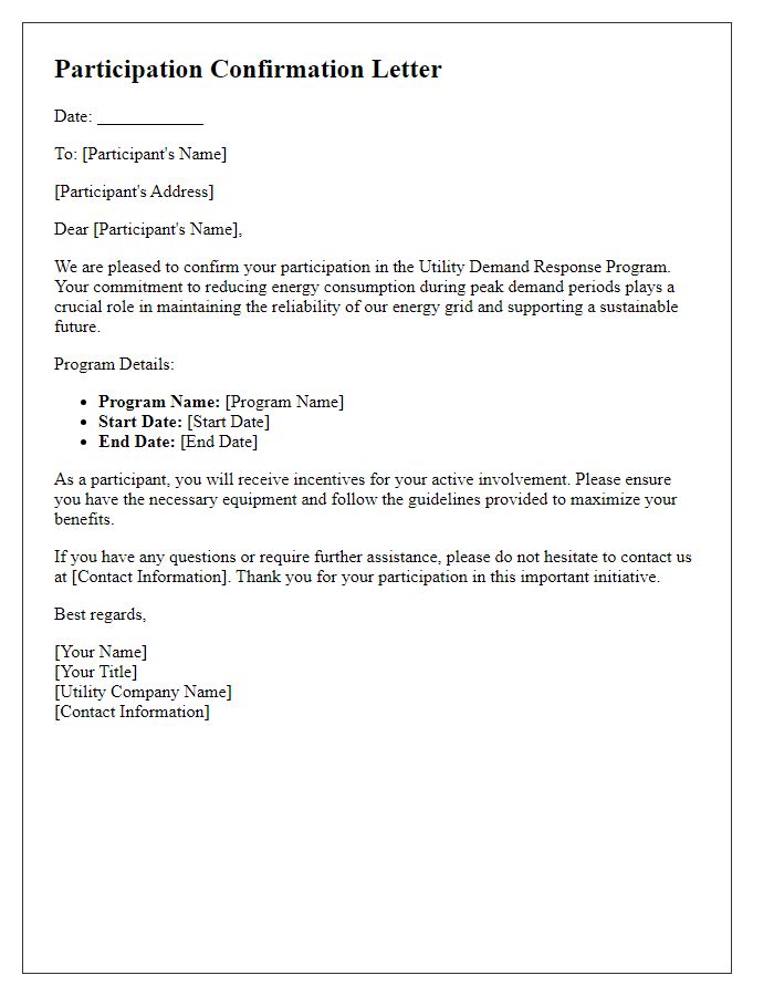 Letter template of utility demand response program participation