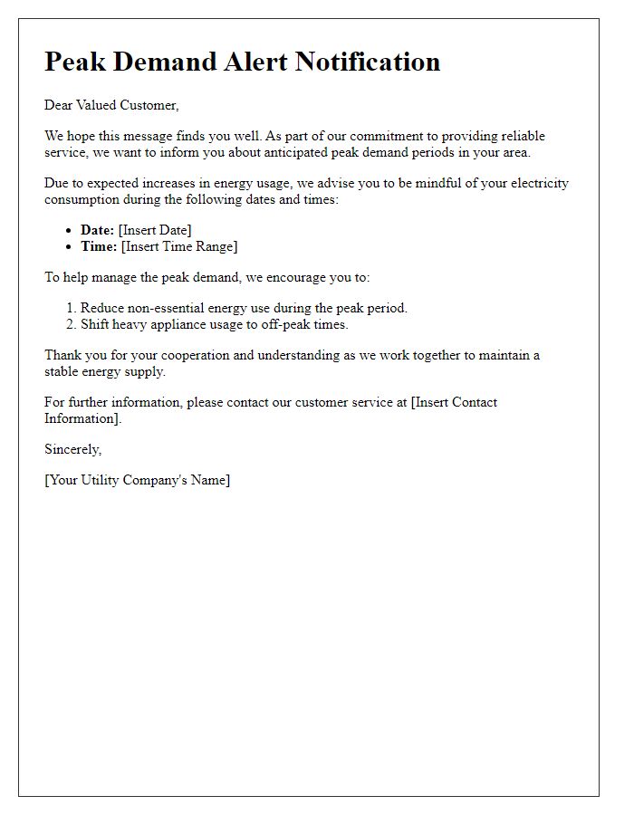 Letter template of utility peak demand alert communication