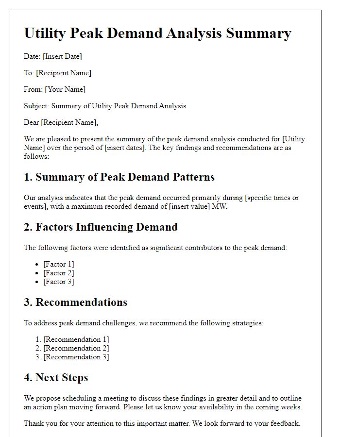 Letter template of utility peak demand analysis summary