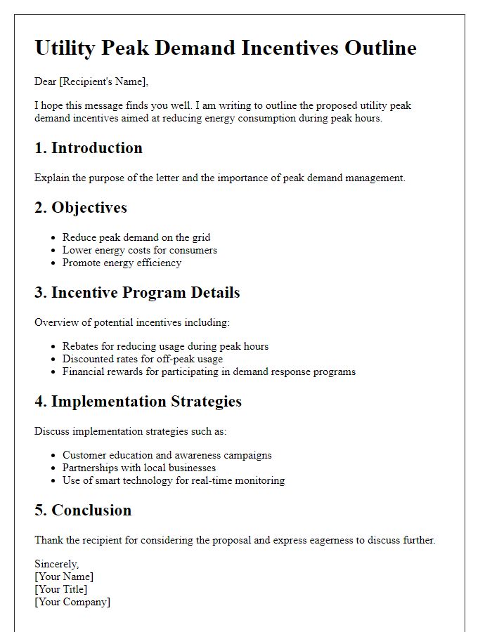 Letter template of utility peak demand incentives outline