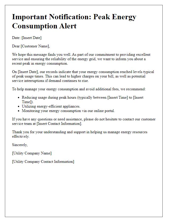 Letter template of utility peak energy consumption notification