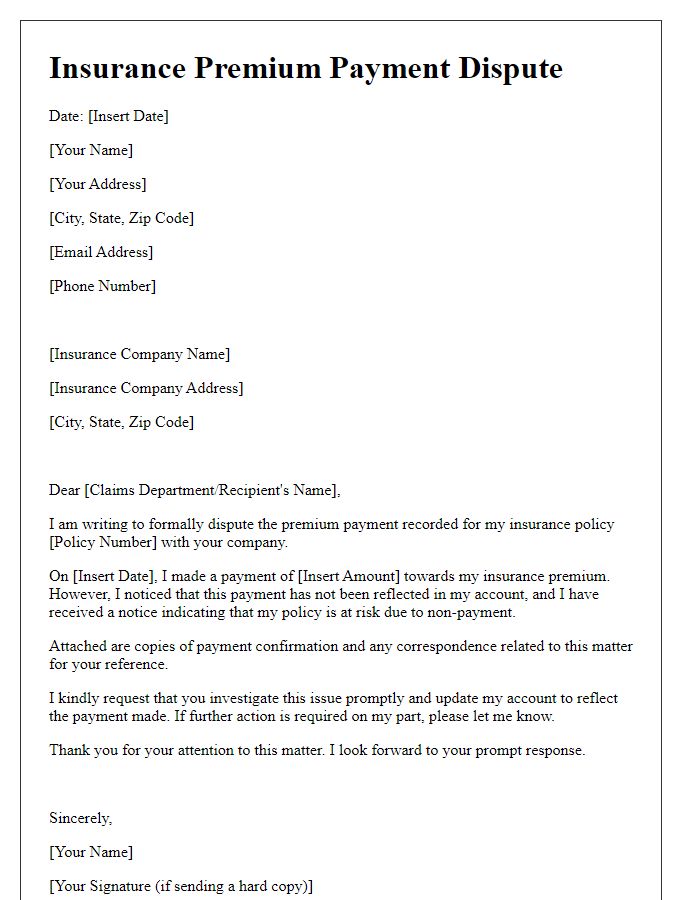 Letter template of insurance premium payment dispute