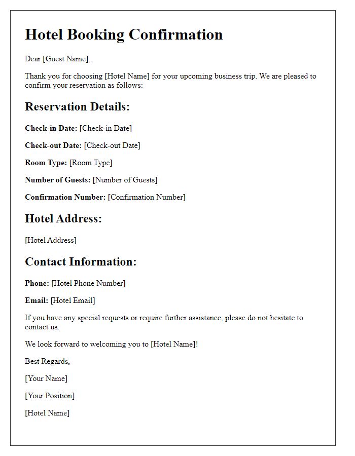 Letter template of hotel booking confirmation for business trip.