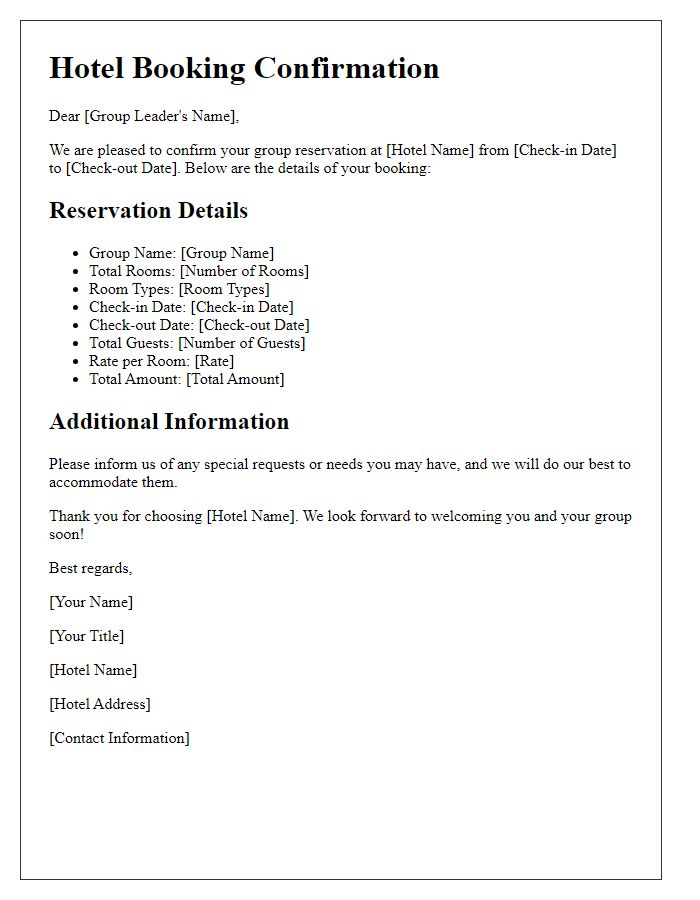 Letter template of hotel booking confirmation for group reservations.