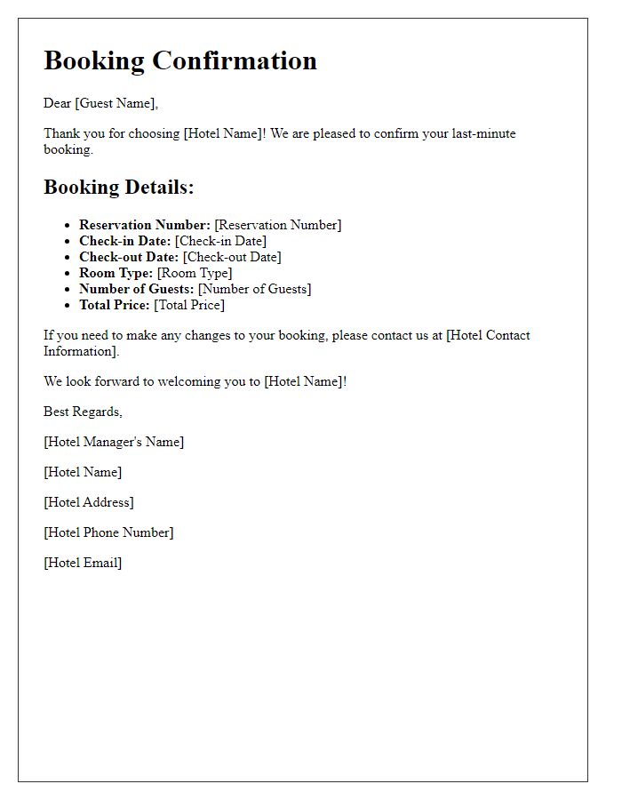 Letter template of hotel booking confirmation for last-minute bookings.