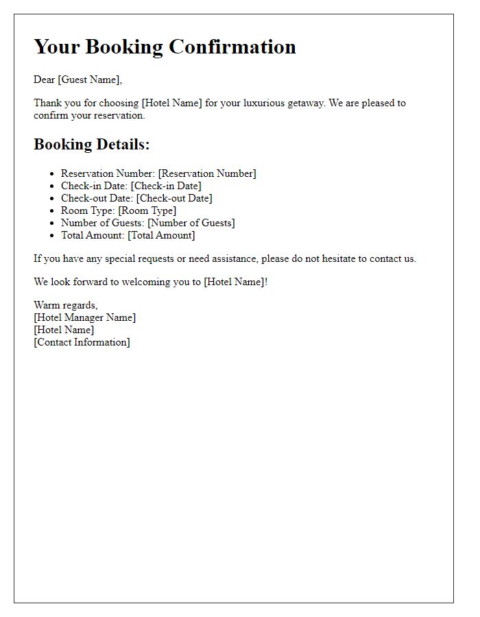 Letter template of hotel booking confirmation for luxury accommodations.