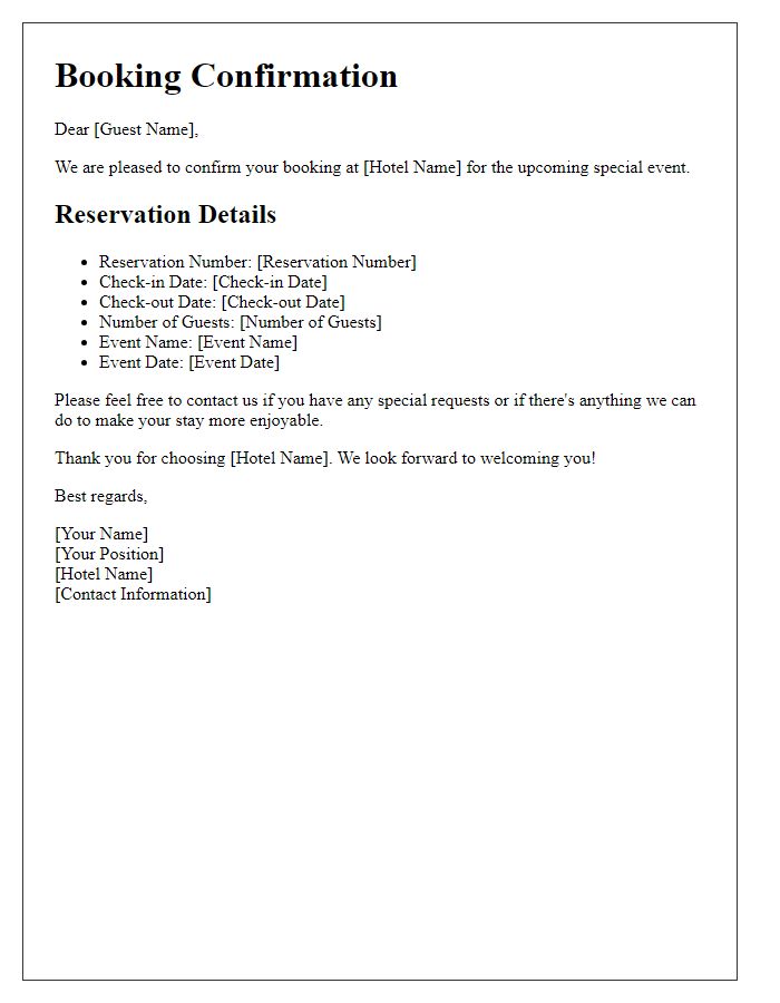 Letter template of hotel booking confirmation for special events.