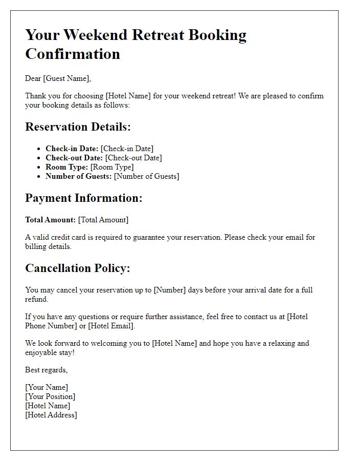 Letter template of hotel booking confirmation for weekend retreats.