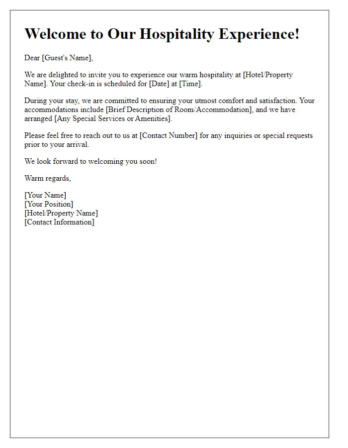 Letter template of hospitality invitation for guest check-in