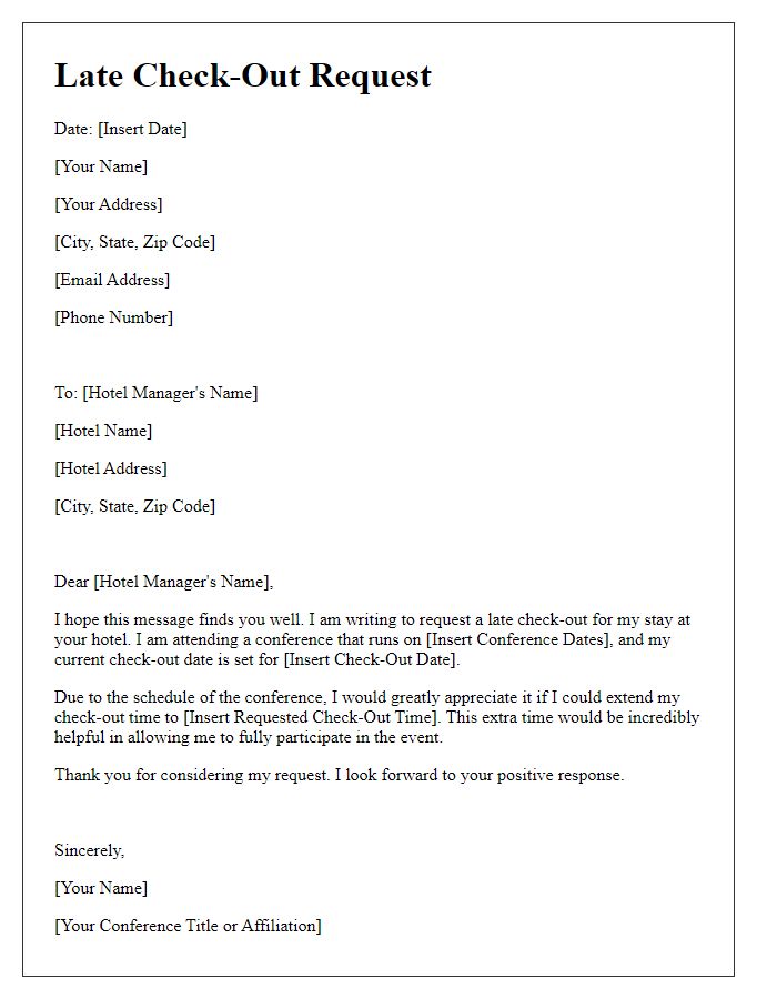 Letter template of late check-out request for conference attendees