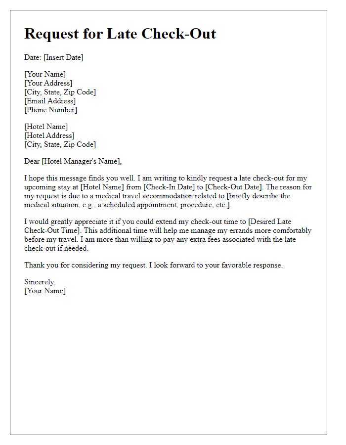 Letter template of late check-out request for medical travel accommodations