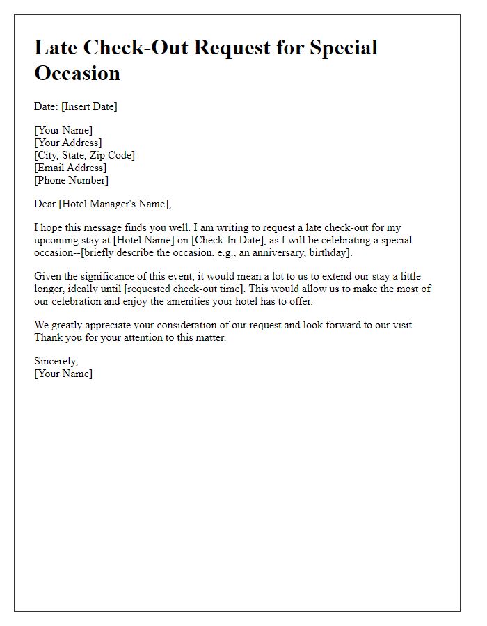 Letter template of late check-out request for special occasions