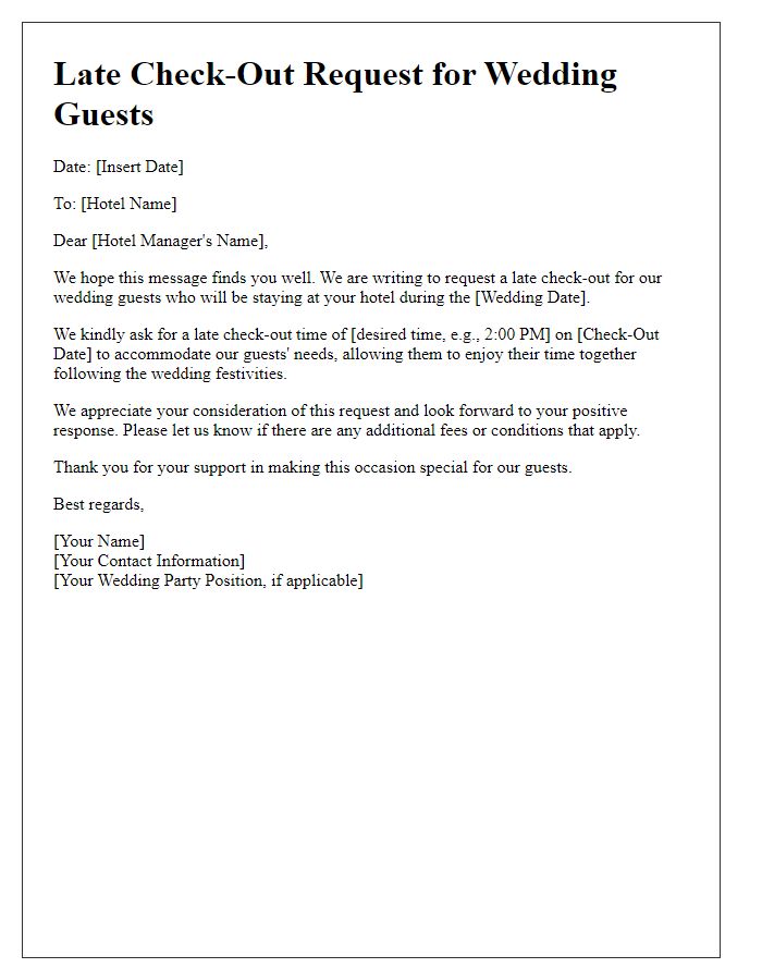 Letter template of late check-out request for wedding guests