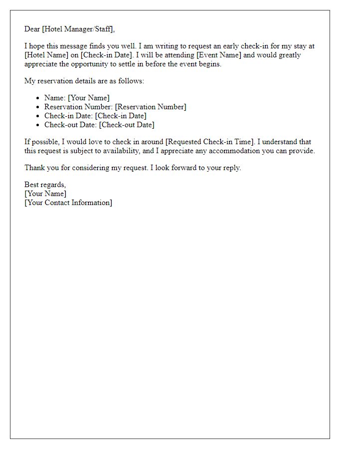 Letter template of early check-in request for event attendees