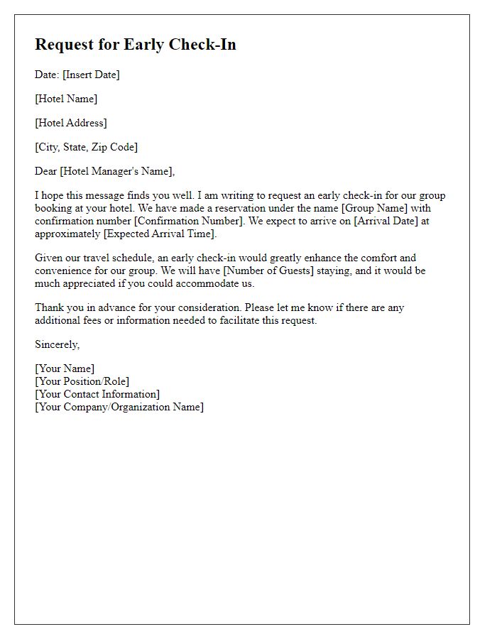 Letter template of early check-in request for group bookings