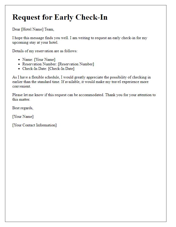 Letter template of early check-in request for guests with flexible schedules