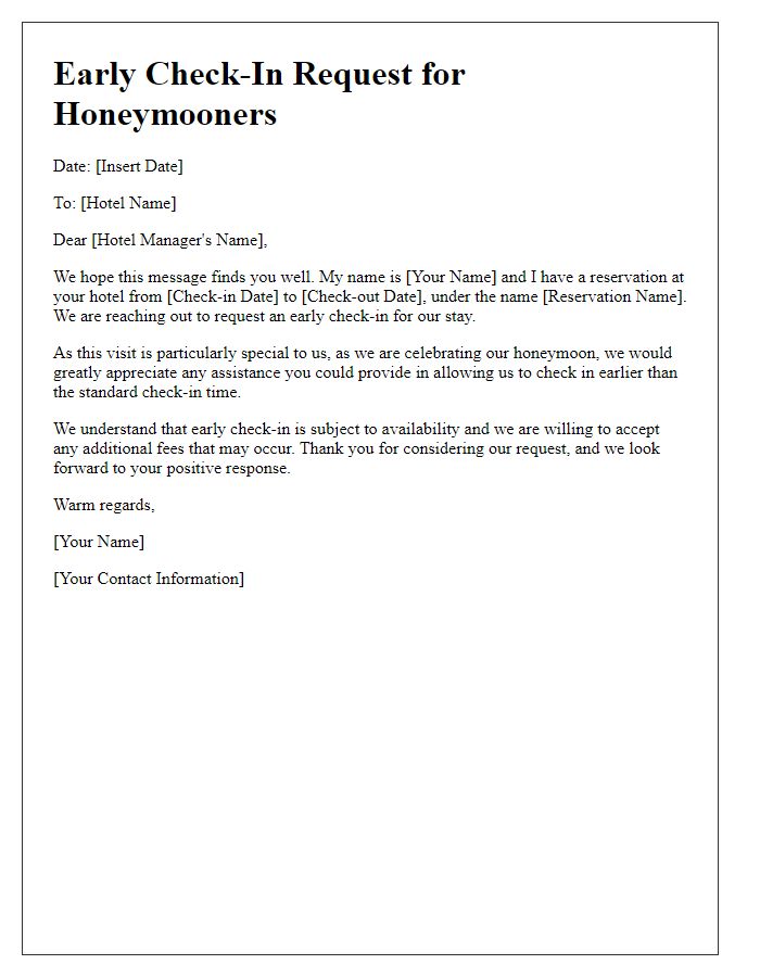 Letter template of early check-in request for honeymooners