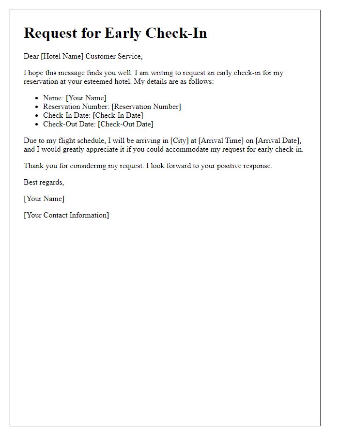 Letter template of early check-in request for international arrivals