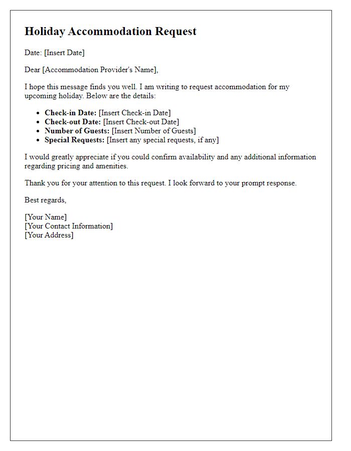 Letter template of holiday accommodation request