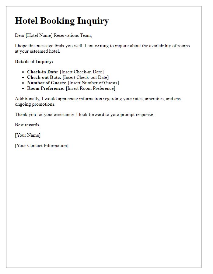 Letter template of hotel booking inquiry