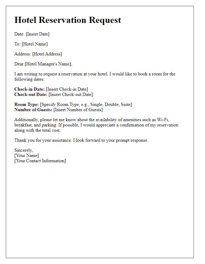 Letter template of hotel reservation request