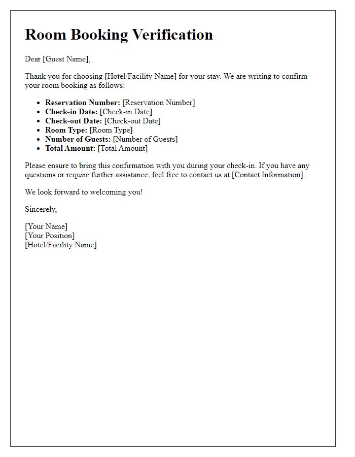 Letter template of room booking verification