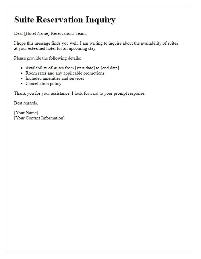 Letter template of suite reservation question
