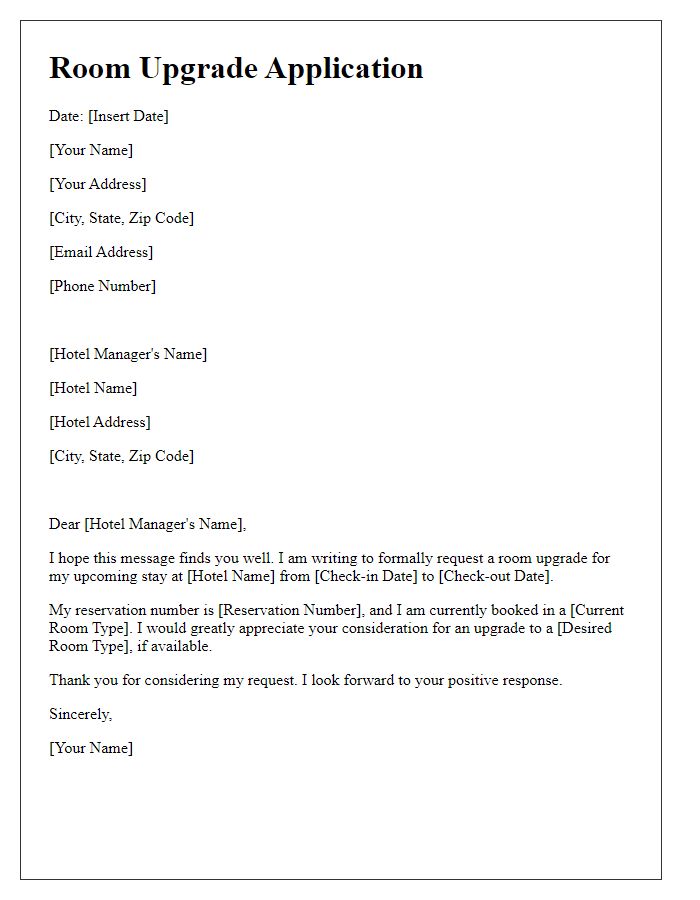 Letter template of communication for room upgrade application.