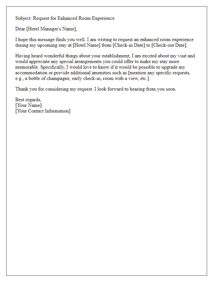 Letter template of email requesting an enhanced room experience.