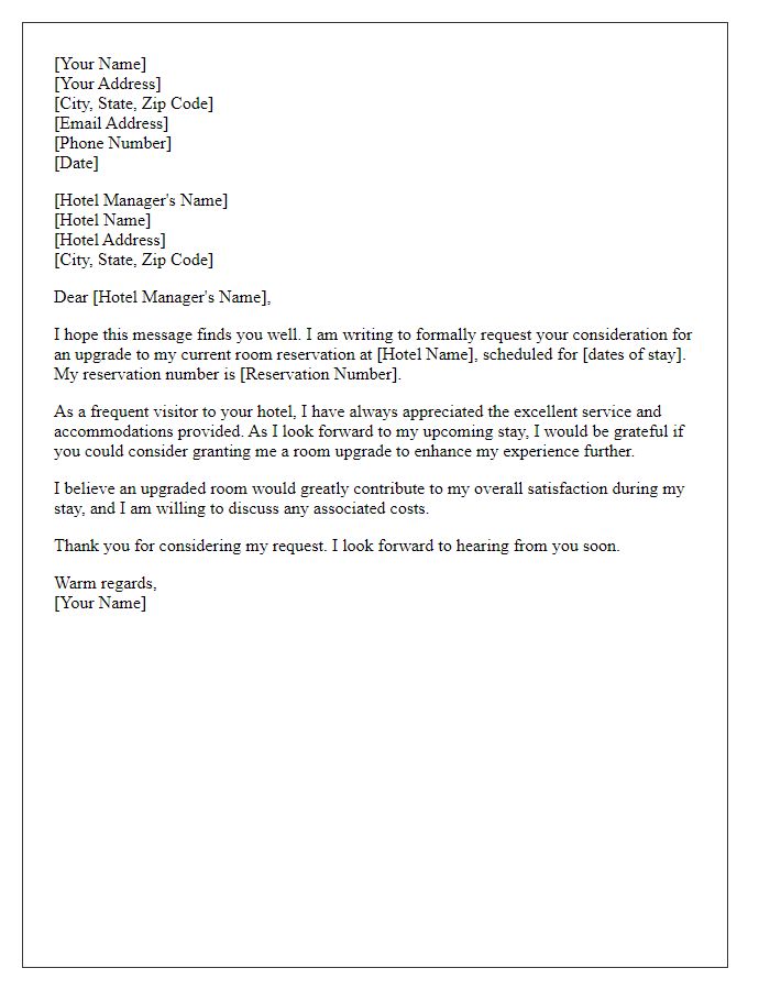 Letter template of formal request for room upgrade consideration.