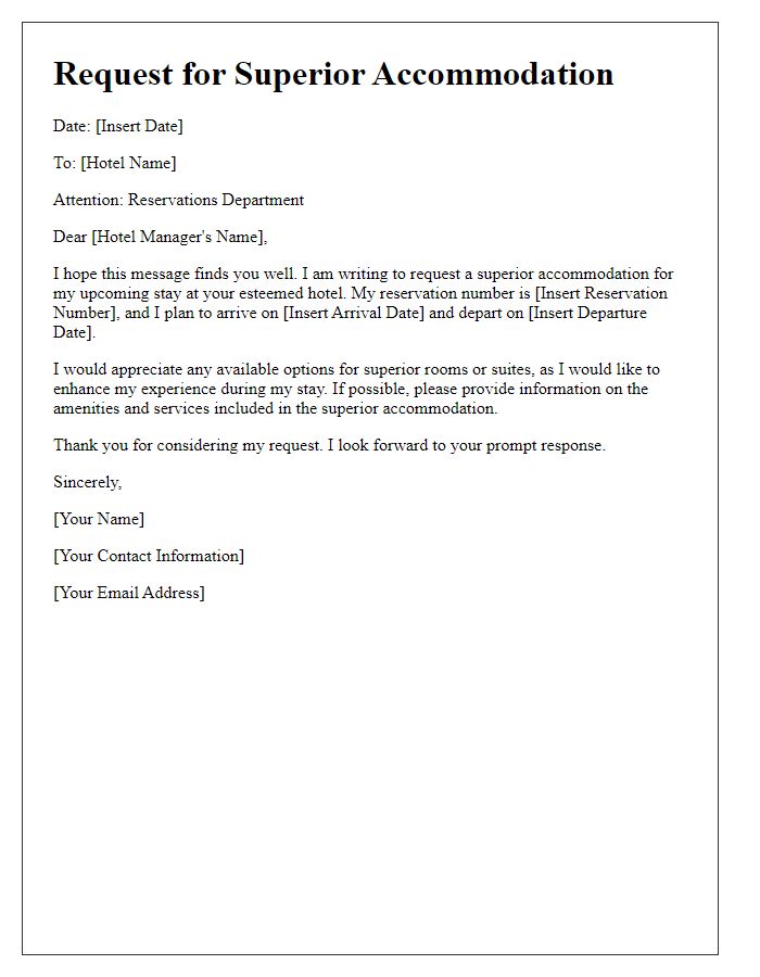 Letter template of guest request for superior accommodation.