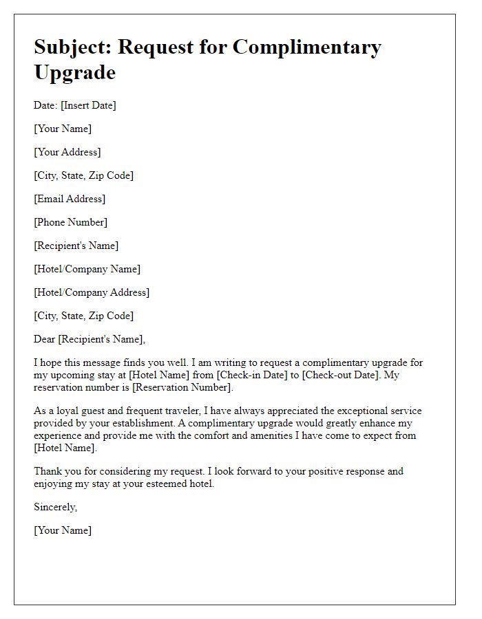 Letter template of submission for complimentary upgrade request.