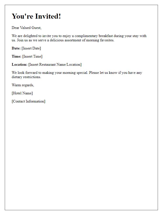 Letter template of complimentary breakfast invitation for hotel guests.