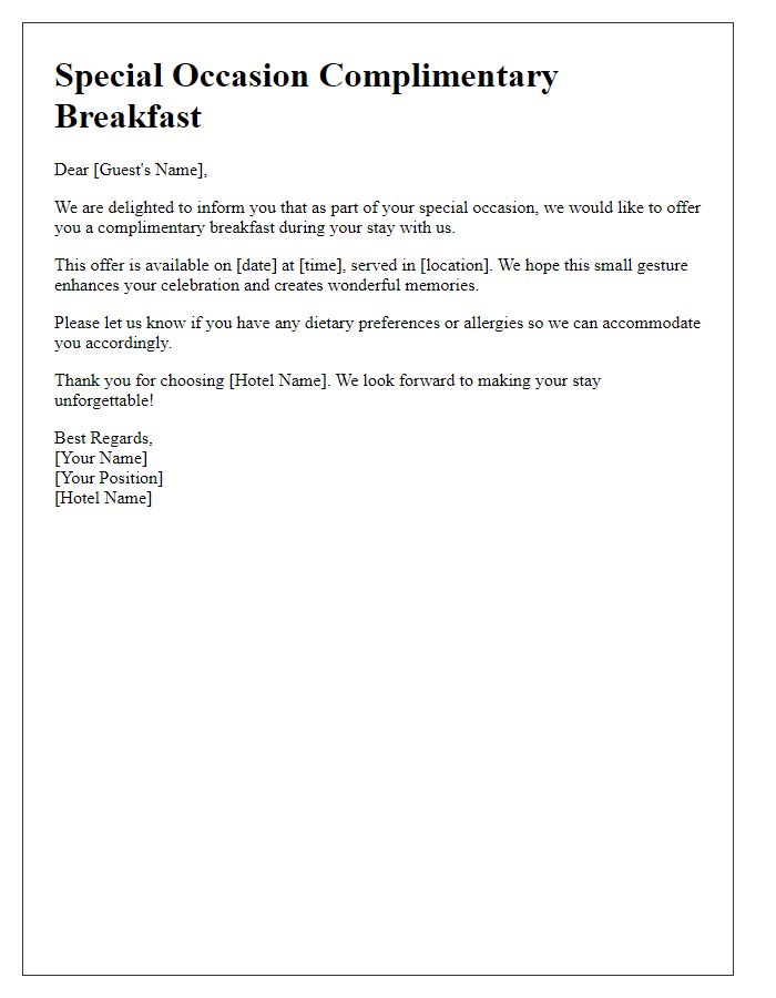 Letter template of complimentary breakfast notification for special occasions.