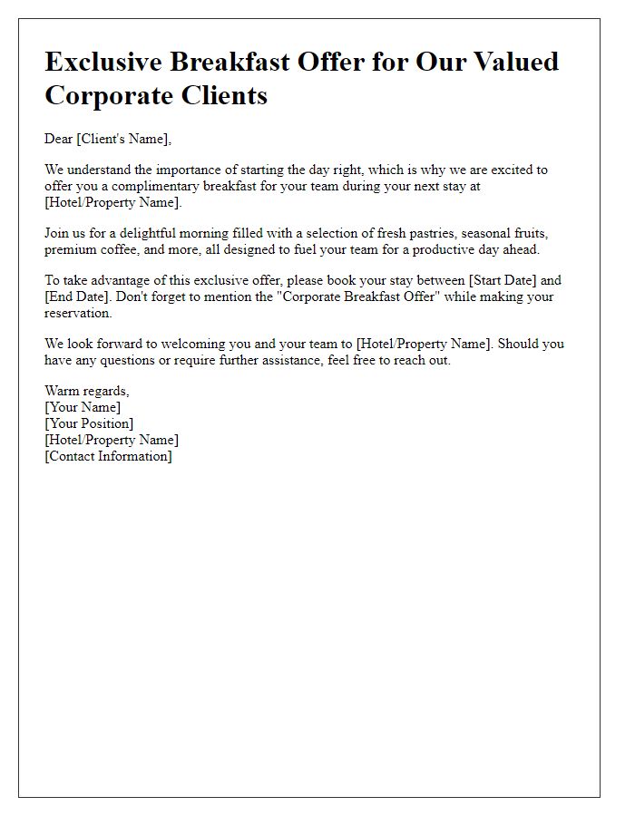 Letter template of complimentary breakfast offer for corporate clients.