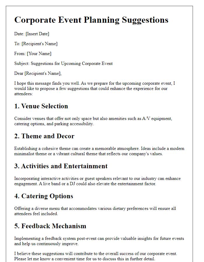 Letter template of corporate event planning suggestions