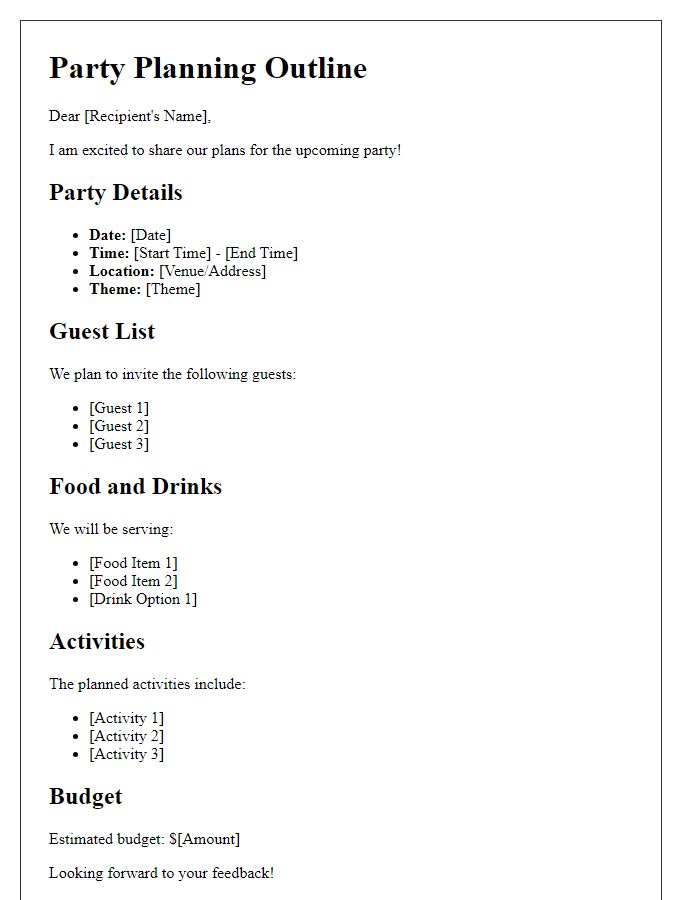 Letter template of party planning outline