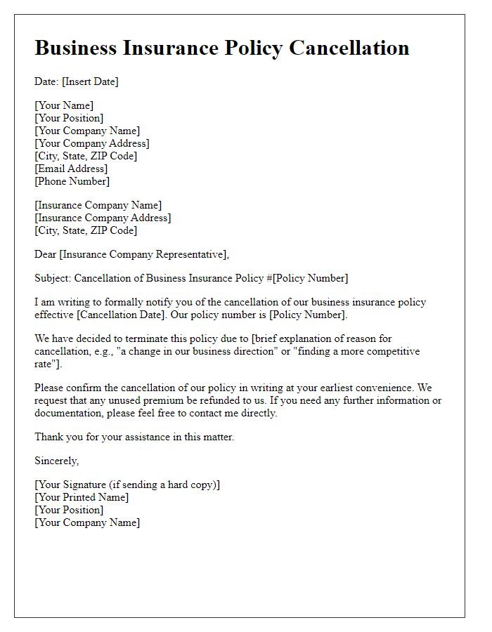 Letter template of business insurance policy cancellation