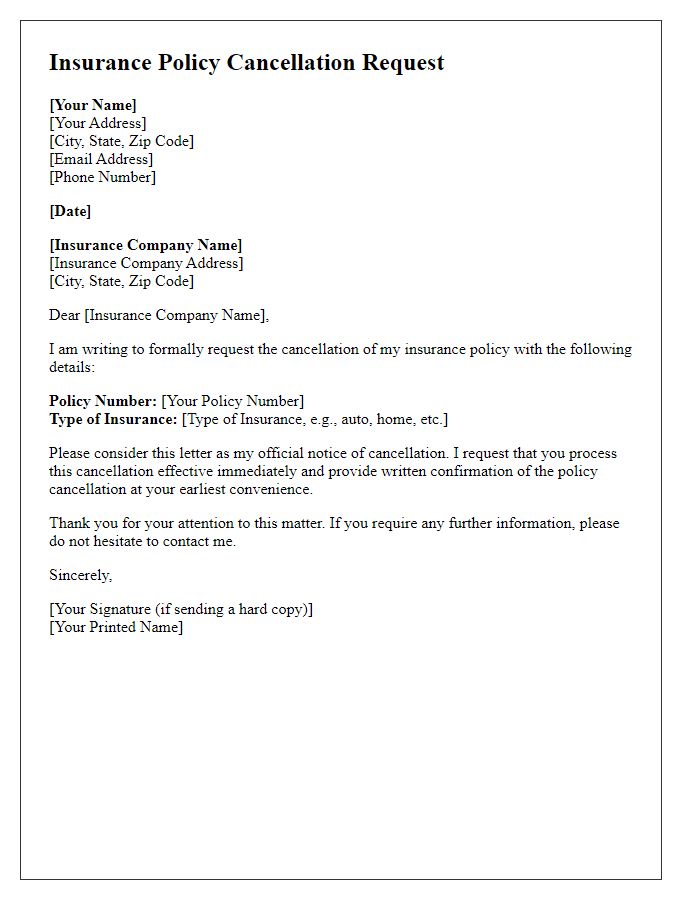 Letter template of insurance policy cancellation request